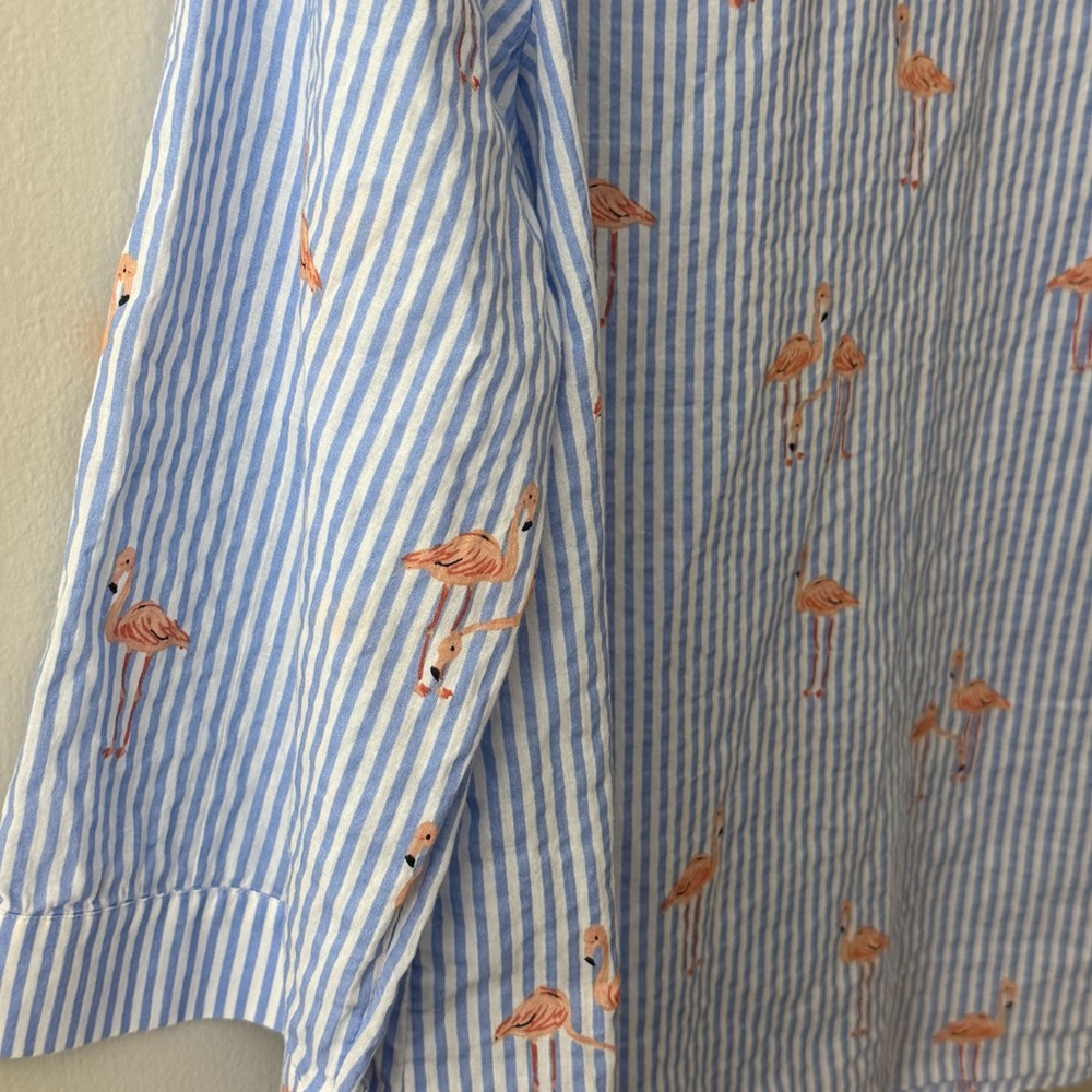 Chico’s Flamingo Stripe Button Down Shirt Size 2 L Blue White Cotton Tropical - Picture 5 of 7